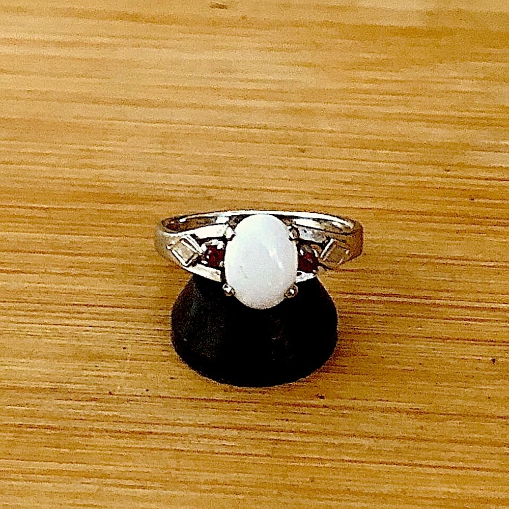 $52  Opal & Ruby Estate Ring  Size 6  Sterling Silver  Marked 925